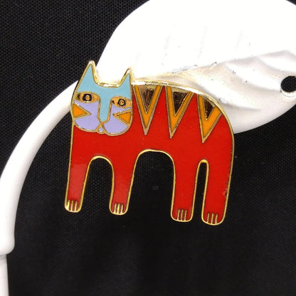 Vintage Laurel Burch Red Cat Post Earrings, Gold Plated Enamel