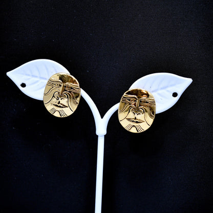 Laurel Burch Eiko Post Earrings, Gold Plated, Japanese Mask, 1980s Vintage
