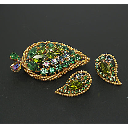 Vintage Weiss Green Brooch Earrings Set, Vitrail Green Rhinestone Leaves, Gold Plated