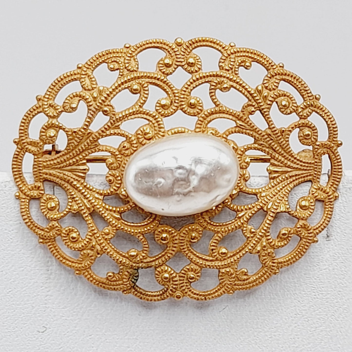 Vintage Miriam Haskell Brooch, Baroque Glass Pearl, Gold Filigree Pin, Designer Signed Jewelry, Mid Century Collectible Gift
