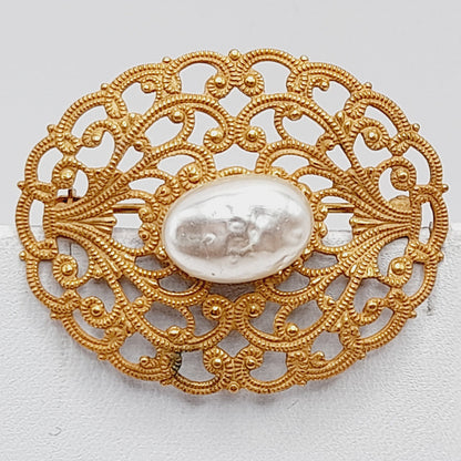 Vintage Miriam Haskell Brooch, Baroque Glass Pearl, Gold Filigree Pin, Designer Signed Jewelry, Mid Century Collectible Gift