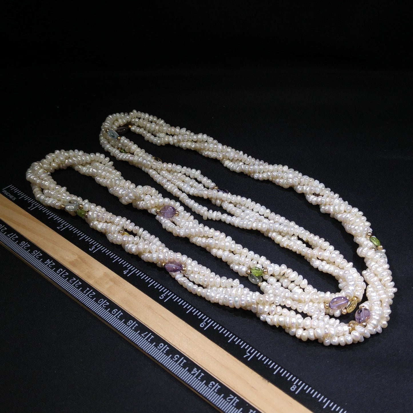 Sand Pearls & Gemstones Long Twisted Necklace, 4 Strands, No Clasp, 1970s Vintage Jewelry