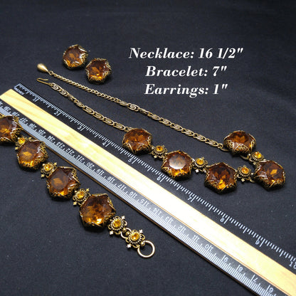Vintage Topaz Glass Necklace Bracelet Earrings Set, Filigree Golden Brass, 1950s Vintage Jewelry