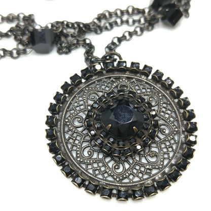 Liz Palacios Black Rhinestone Pendant Necklace, Multi-Strand, Vintage Jewelry