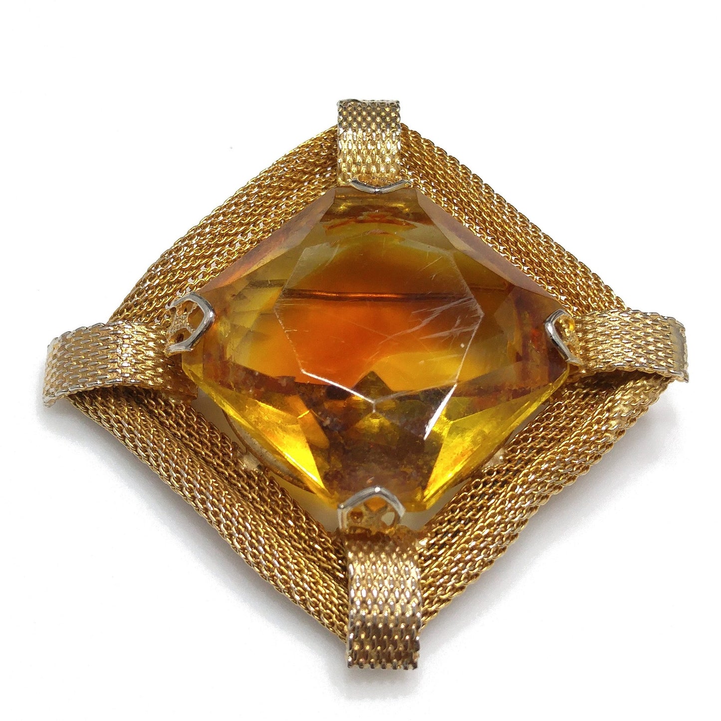 Light Topaz Glass Large Stone Brooch, Gold Plated Mesh Frame, 1960s Vintage Jewelry