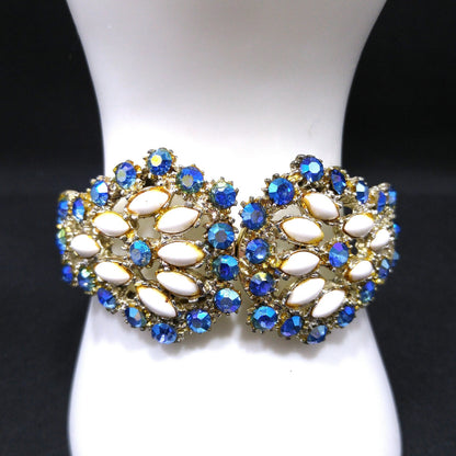 Vintage Blue Aurora Borealis Rhinestone Milk Glass Clamper Bracelet 1960s