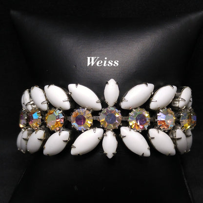 Weiss Milk Glass Bracelet, Aurora Borealis, Rhodium, 1960s Vintage Jewelry