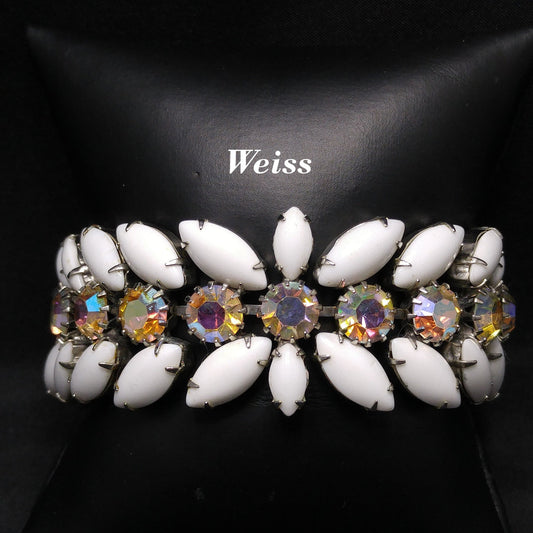 Weiss Milk Glass Bracelet, Aurora Borealis, Rhodium, 1960s Vintage Jewelry