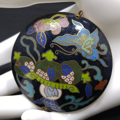 Vintage Cloisonné Double Sided Large Pendant, Blue Enamel Butterfly, 1960s Vintage Jewelry