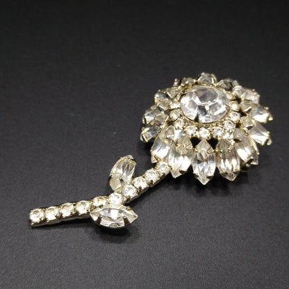 Clear Rhinestone Flower Brooch, Rhodium Plated, 1960s Vintage Jewelry