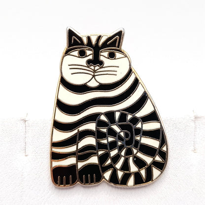 Laurel Burch "Shambala" Cat Brooch Pendant, Black White Enamel, Gold Plated, 1980s Vintage Jewelry