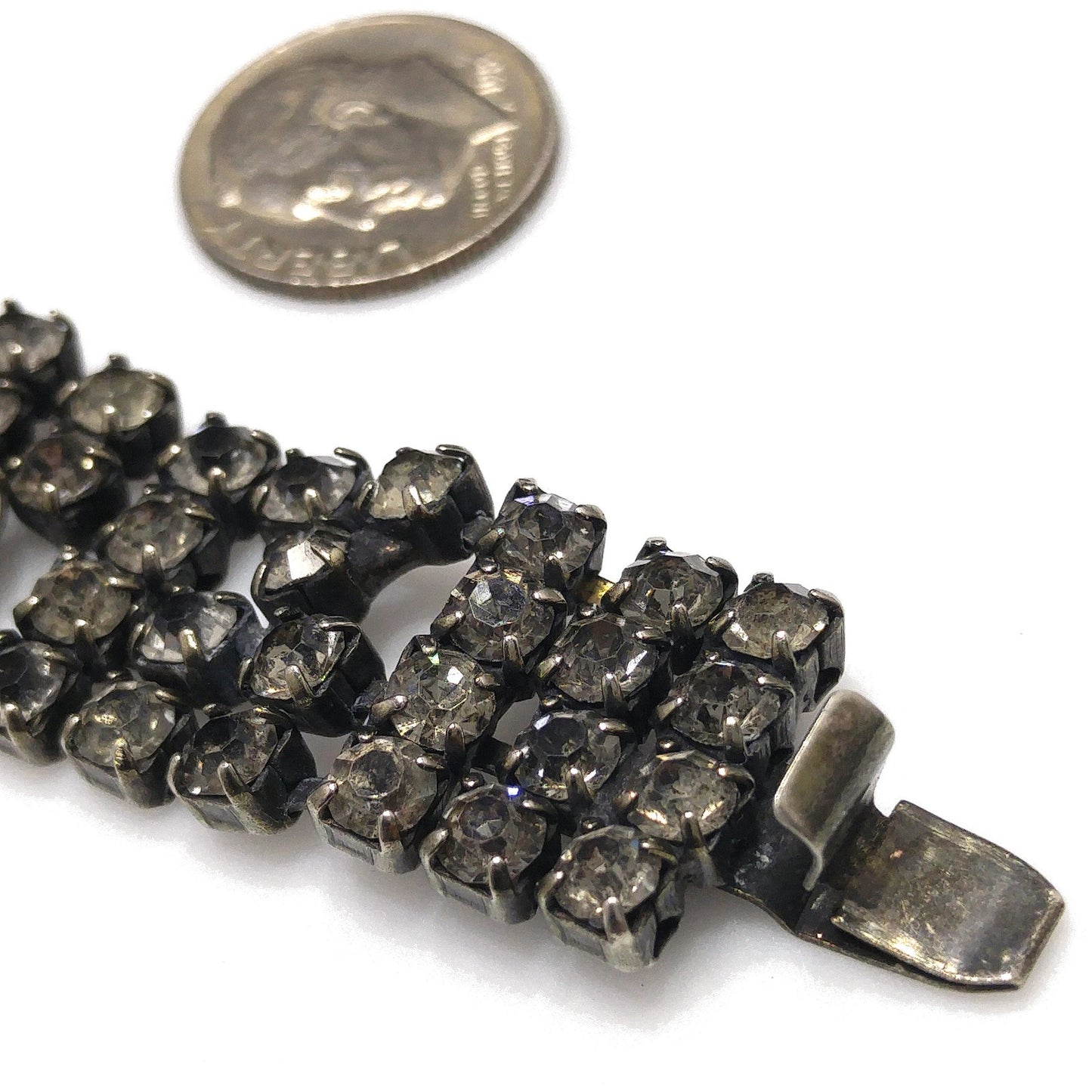 Vintage Kramer Black Clear Crystal Rhinestone Bracelet, Silver Plated, 1950s