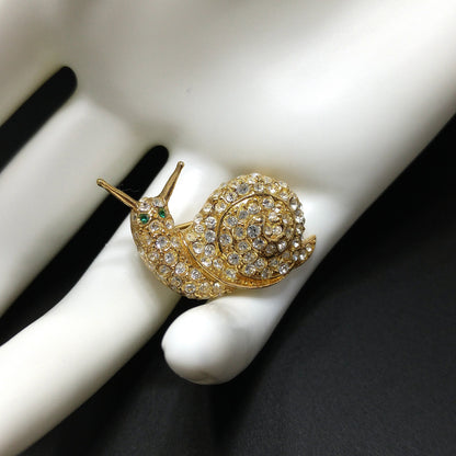 Bijoux Cascio Snail Small Brooch, Pave Clear Rhinestones, Green Eyes, 1970s Vintage Jewelry