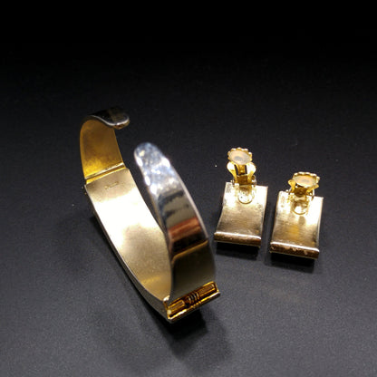 Vintage Leru Baguette Rhinestone & Pearl Cuff Bracelet & Clip Earrings Set 1950s