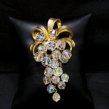 Crystal Beaded Grape Cluster Brooch, Gold Plated Bow, 1960s Vintage Jewelry