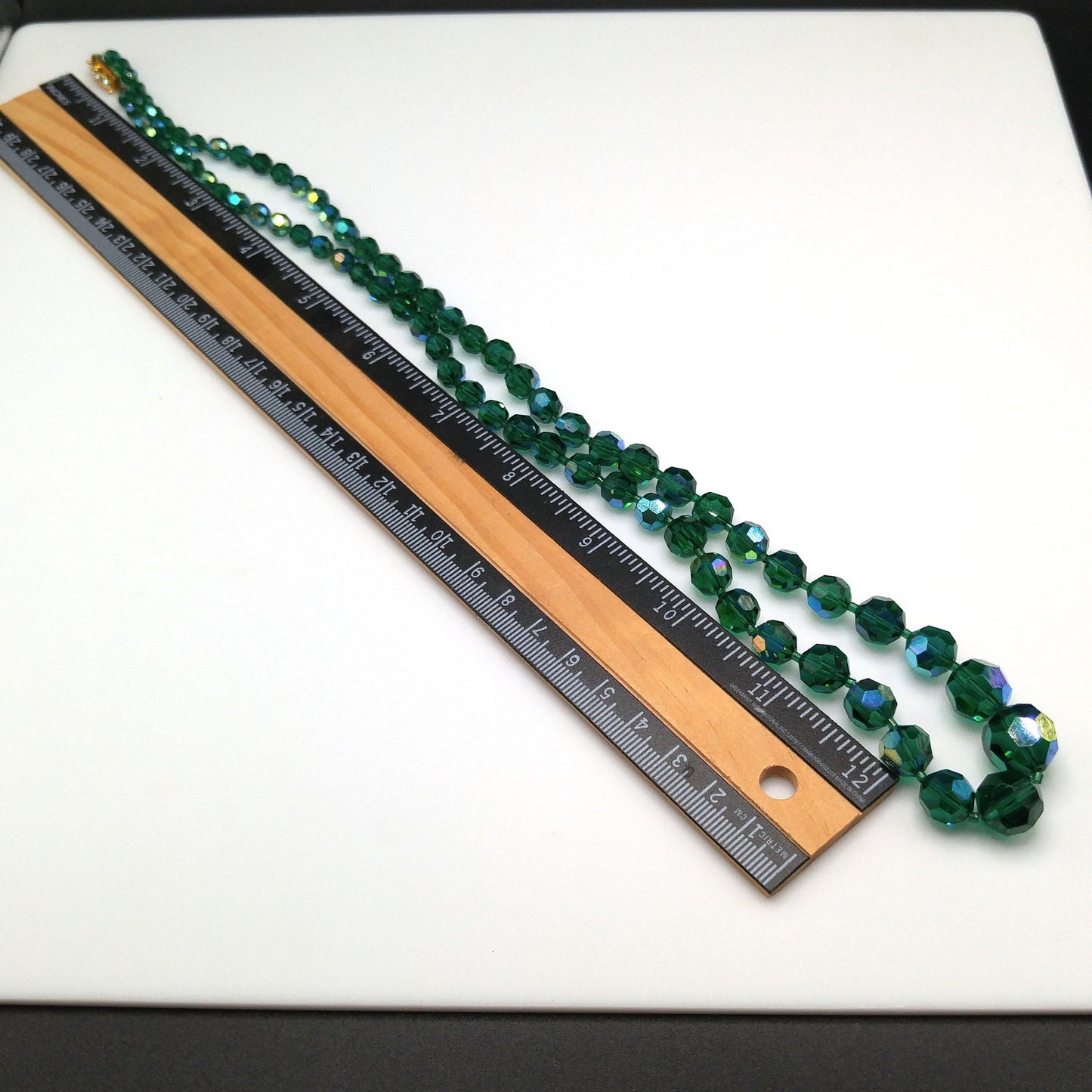 Dark Green Crystal Necklace, Aurora Borealis, Rhinestone Clasp, 1960s Vintage Jewelry