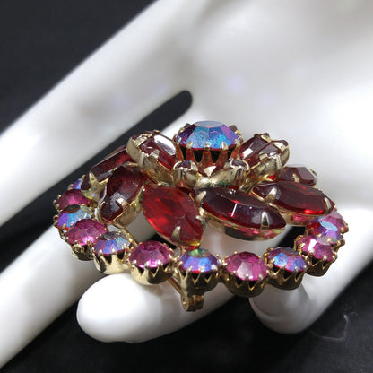 Red & Pink Rhinestone Brooch, Gold Plated, 1960s Vintage Jewelry