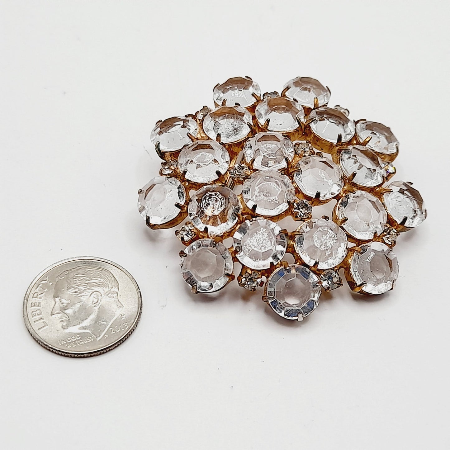 Vintage Clear Crystal Bezel Set Brooch Gold Tone Prong Setting Pin – 2”