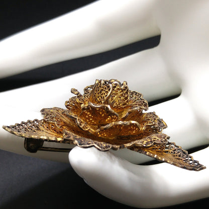 Topazio Portugal Flower Brooch, Silver Vermeil, 1930s Vintage Jewelry