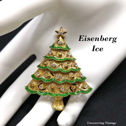 Eisenberg Ice Christmas Tree Brooch, Rhinestones & Enamel, Vintage Jewelry