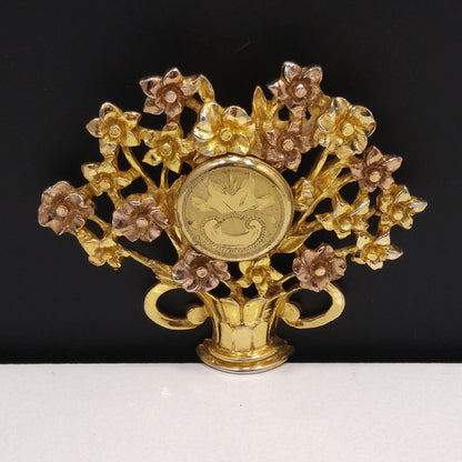 Hidden Locket Large Fur Clip, Gold Plated Flower Bouquet, 1940s Vintage Jewelry