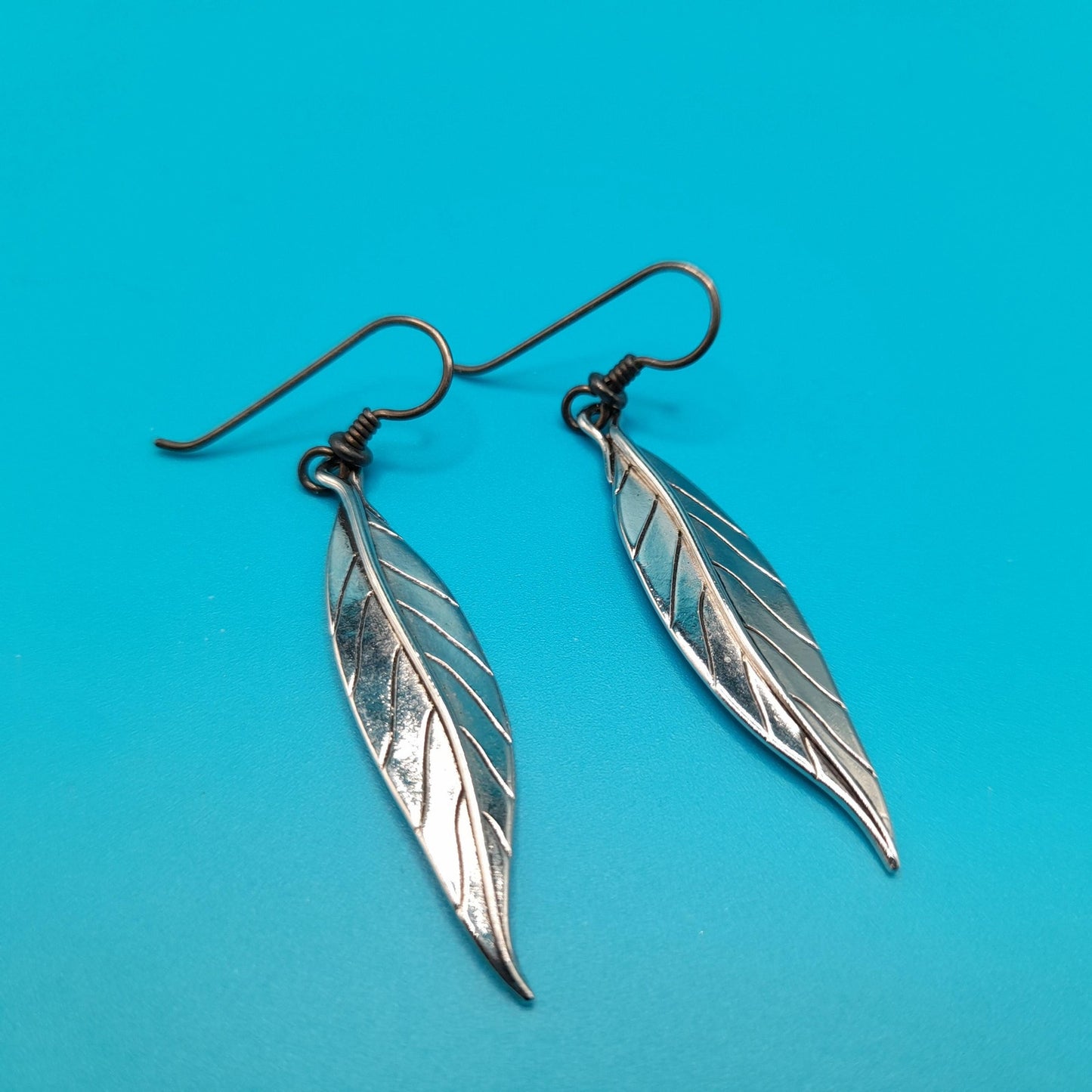 Vintage Laurel Burch Leaf Drop Earrings, Rhodium Plated Leaves