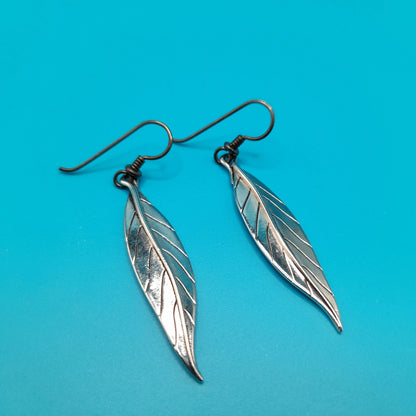 Vintage Laurel Burch Leaf Drop Earrings, Rhodium Plated Leaves