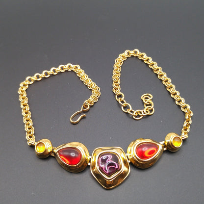 Monet Gold Plated Choker Necklace, Red Purple Glass Cabochons, 1980s Vintage Jewelry