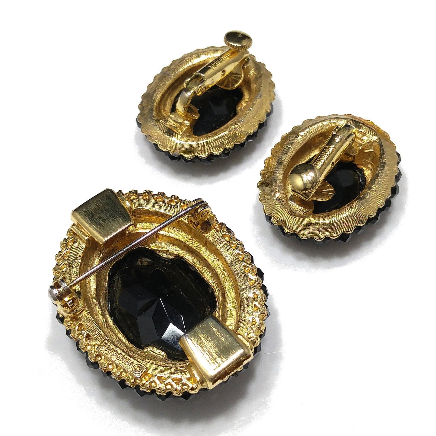Vendome Black Crystal Brooch & Clip Earrings Set, Gold Plated Vintage Jewelry, Convertible Pendant