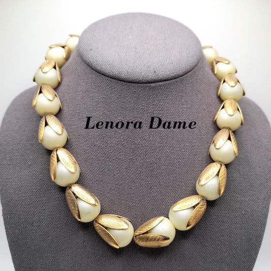 Lenora Dame Faux Pearl Necklace, Gold Tone Leaf Caps, Vintage Jewelry