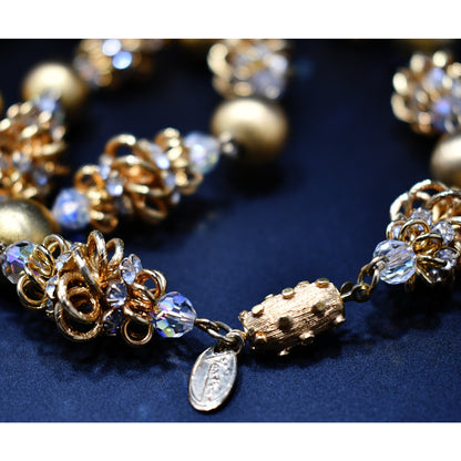 Vendome 1950s Gold Satin & Crystal Cage Bead Necklace | Aurora Borealis & Rhinestone Statement Strand | Vintage Designer Jewelry