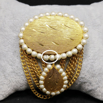 Kramer Gold Plated Dangle Brooch, Faux Pearls, 1950s Vintage Jewelry