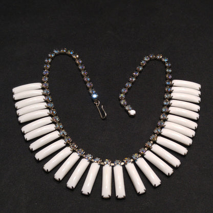 White Lucite Blue Aurora Borealis Rhinestones Necklace, Egyptian Revival Mid-Century, 1960s Vintage Jewelry