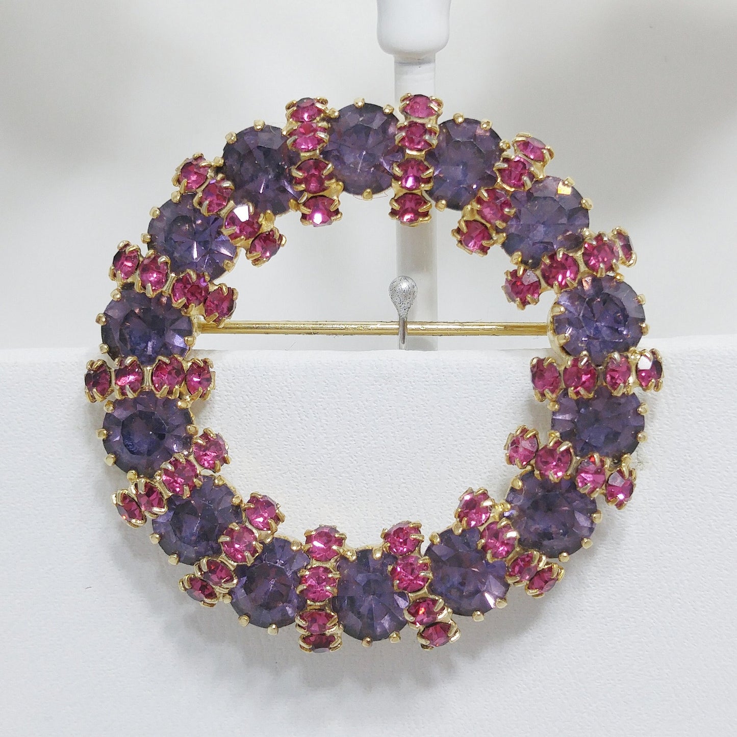 Weiss Pink and Lavender Rhinestone Wreath Brooch and Earrings Set – 1950s Gold Plated