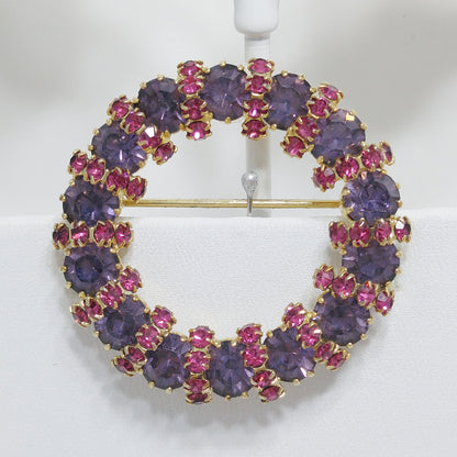 Weiss Pink and Lavender Rhinestone Wreath Brooch and Earrings Set – 1950s Gold Plated
