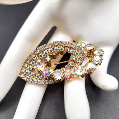 Mid-Century Aurora Borealis Pendant Brooch, Gold Plated, Prong Set Stones, 1960s Vintage Jewelry