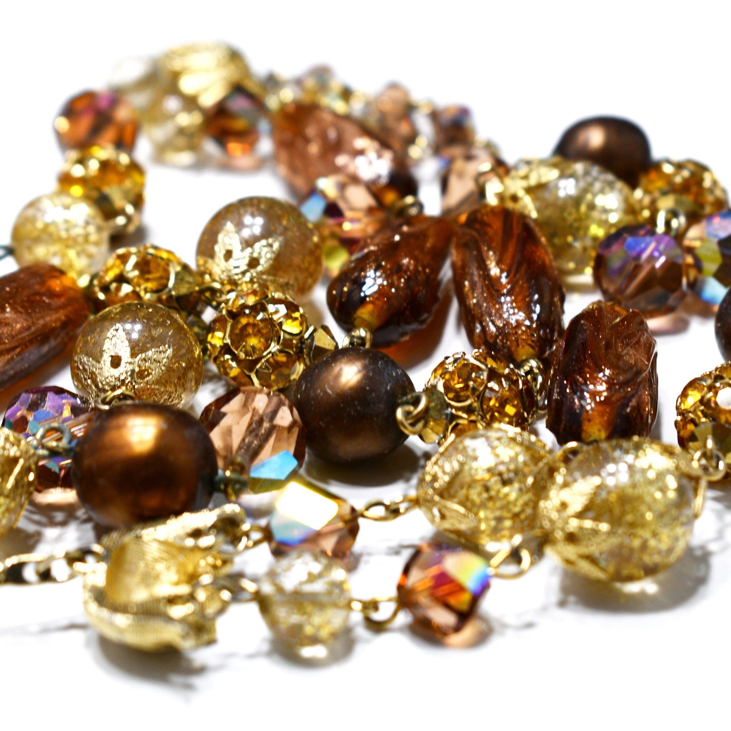 Vendome 1950s Two-Strand Topaz & Bronze Art Glass Necklace | AB Swarovski Crystals, Gold Filigree Beads, Signed Hook Clasp