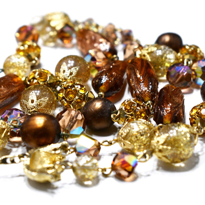Vendome 1950s Two-Strand Topaz & Bronze Art Glass Necklace | AB Swarovski Crystals, Gold Filigree Beads, Signed Hook Clasp