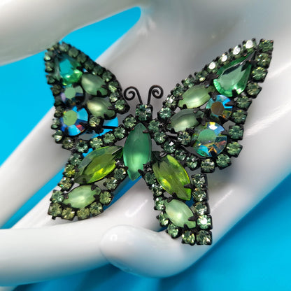 Vintage Weiss Butterfly Brooch, Green Aurora Borealis Rhinestones, Japanned Finish, 1950s Jewelry
