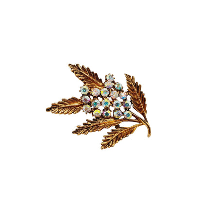 Vintage 1970s Leaf Blooms Aurora Borealis Rhinestone Brooch - 2 1/2 Inches