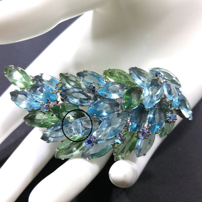 Turquoise & Green Rhinestone Brooch, Rhodium Plated, 1960s Vintage Jewelry