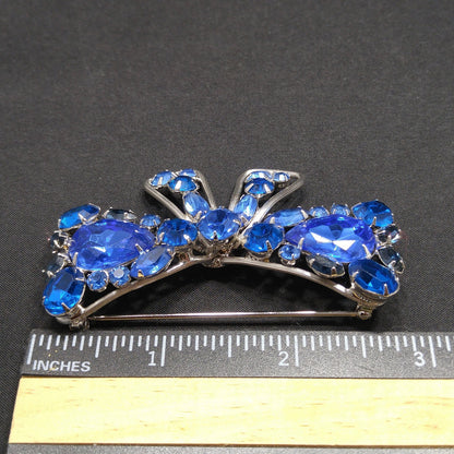 Weiss Blue Rhinestone Bow Brooch, Rhodium Plated, 1960s Vintage Jewelry