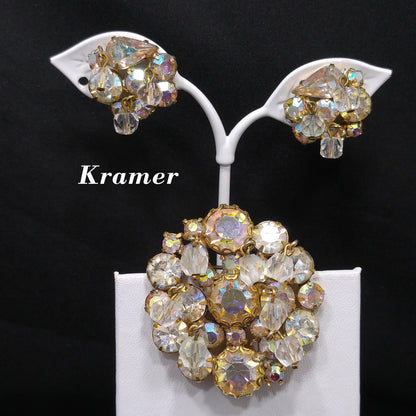 Kramer AB Rhinestone Brooch & Earrings, Dangling Crystal Beads, Gold Plated, 1960s Vintage Jewelry