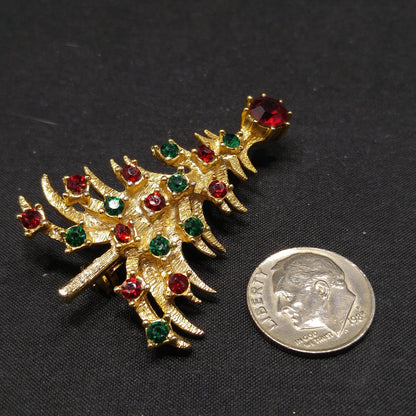 Vintage Christmas Tree Brooch – 1950s 1960s Gold-Plated Holiday Pin with Red & Green Rhinestones