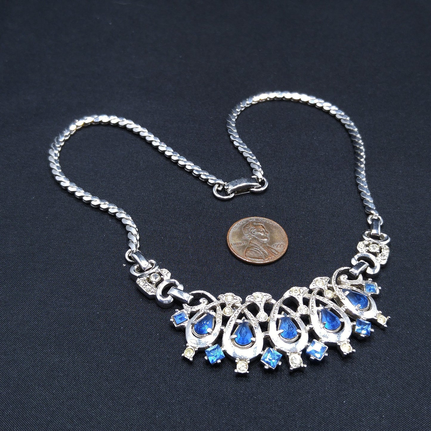 Lustern Blue Rhinestone Silver Tone Necklace, Louis Stern Gold Plated, 1940s Vintage Jewelry