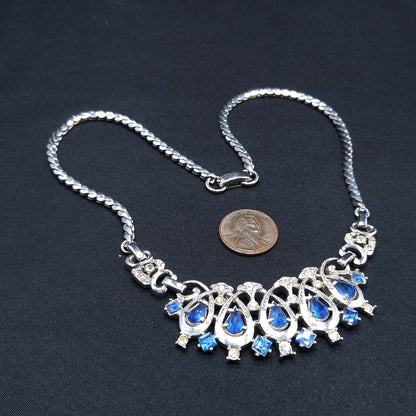 Lustern Blue Rhinestone Silver Tone Necklace, Louis Stern Gold Plated, 1940s Vintage Jewelry