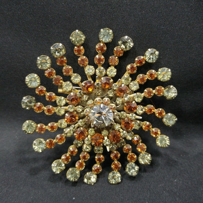 Vintage 1950s Rhinestone Flower Brooch Large Gray Topaz Floral Burst Pin