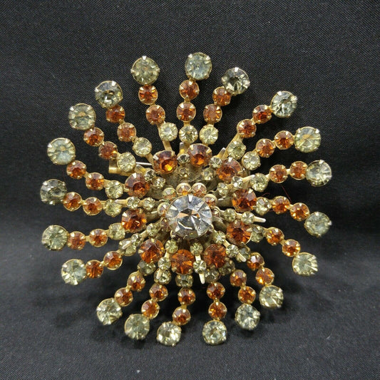 Vintage 1950s Rhinestone Flower Brooch Large Gray Topaz Floral Burst Pin