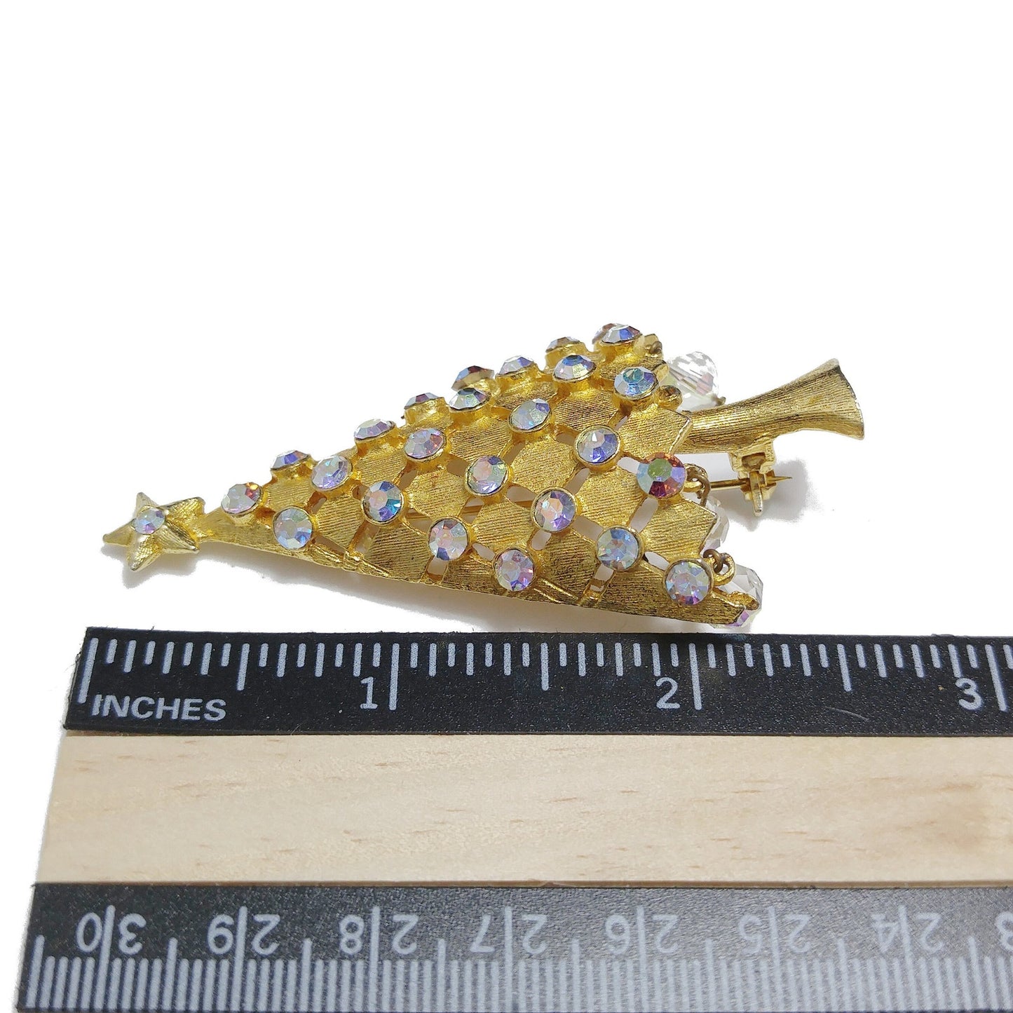 Vintage MYLU Christmas Tree Brooch – AB Rhinestones, Dangling Crystals, 1960s