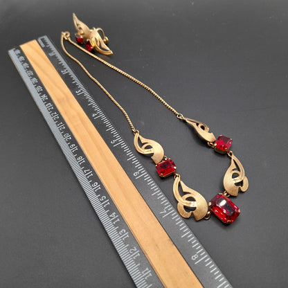 Van Dell Red Rhinestone Necklace Earrings Set, 12K GF, Screw Back Earrings, 1940s Vintage Jewelry